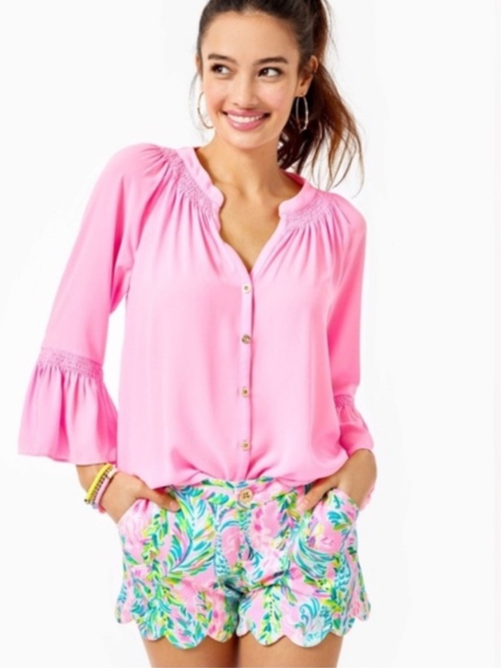 Lilly Pulitzer Dakota 3/4 Ruffle Bell Sleeve Pelican Pink Button Down Blouse Md